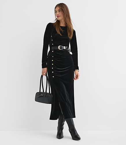 Tall Velvet Ruched Button Midi Skirt