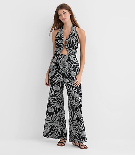 LOFT Beach Palm Ring Halter Linen Cotton Jumpsuit