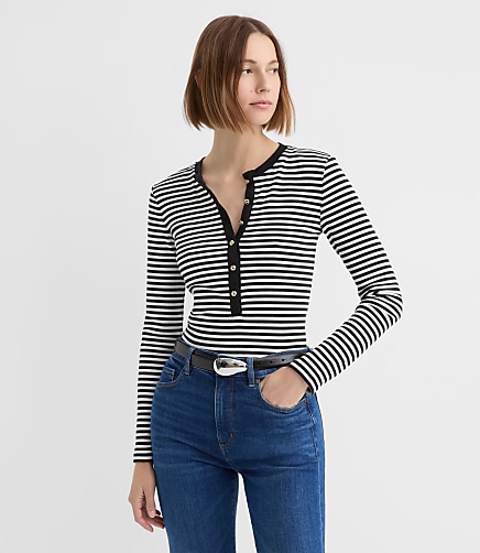 Petite Stripe Metallic Button Henley Top