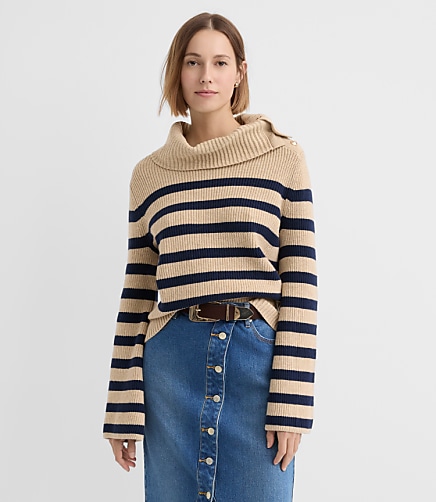 Petite Stripe Button Neck Flare Sleeve Sweater