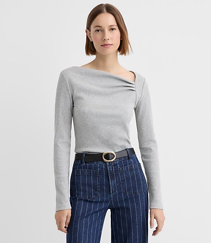 Petite Heathered Asymmetrical Neck Ribbed Top