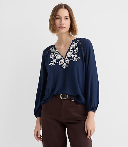 Petite Floral Cutout Embroidered V-Neck Blouse