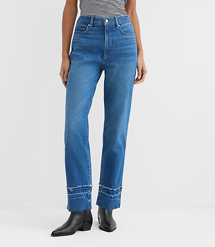 Rivete Petite Curvy Unpicked Cuffed High Rise Straight Jeans in Authentic Indigo