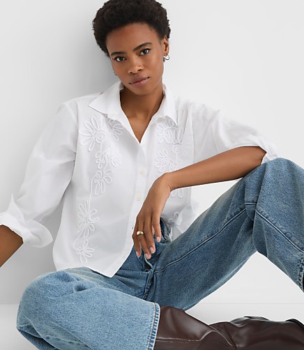 Floral Embroidered Poplin Everyday Abbreviated Shirt