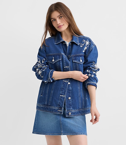 Petite Floral Embroidered Oversized Denim Trucker Jacket in Bright Indigo Wash