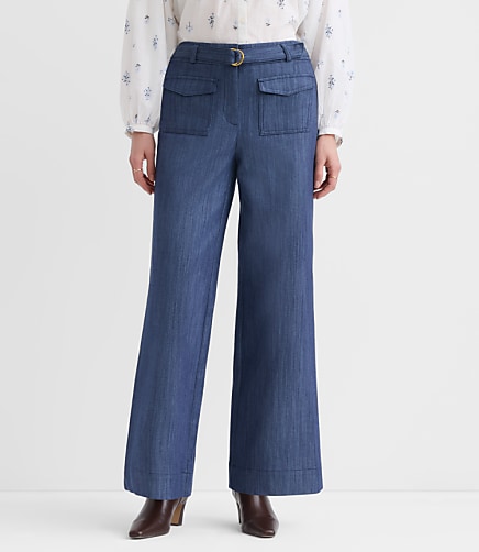 Curvy Belted Palmer Wide Leg Pants in Refined Denim