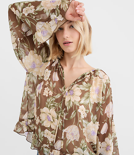 Petite Floral Tie Neck Bell Sleeve Blouse