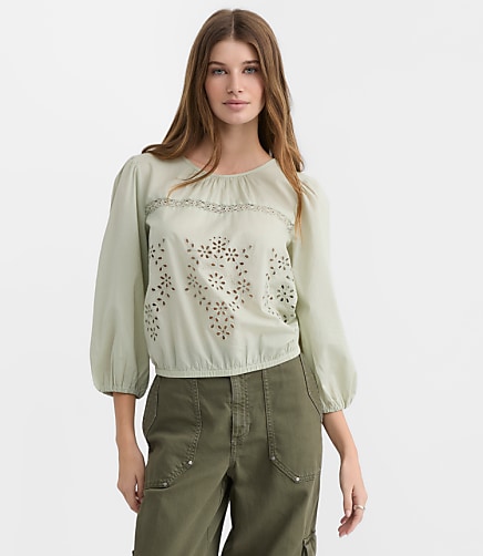 Petite Lace Trim Eyelet Blouse