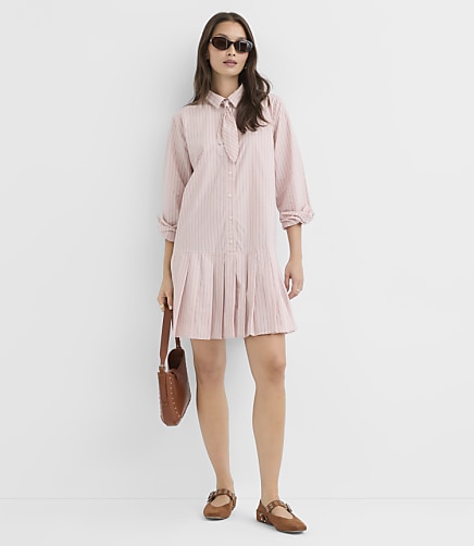 Striped Poplin Pleated Tie Neck Shirtdress
