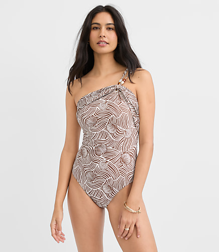 LOFT Beach Seashell Beaded One Shoulder One Piece Swimsuit