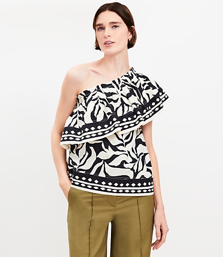 Petite Fern Poplin Ruffle One Shoulder Top