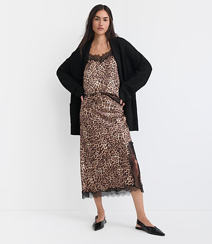 Leopard Print Lace Trim Satin Bias Midi Skirt