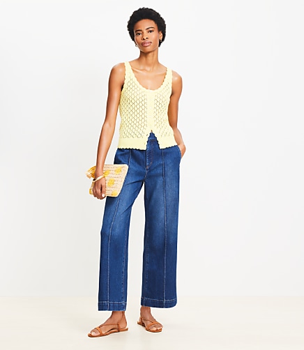 Petite Pintucked High Rise Wide Leg Crop Jeans in Dark Wash
