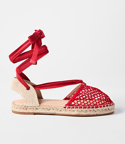Mesh Lace Up Flat Espadrilles - Tango Red