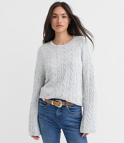 Heathered Wide Sleeve Cable Sweater - Sleek Grey Heather