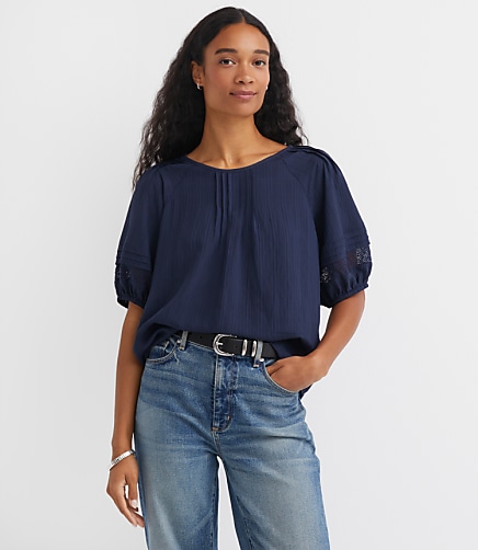 Striped Lace Trim Pintucked Blouse
