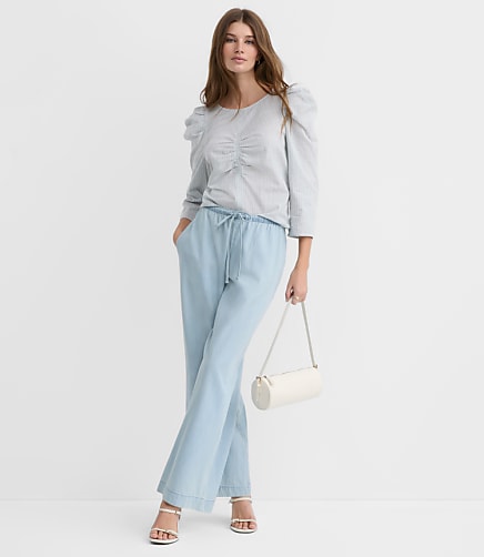 Stripe Ruched Puff Sleeve Top