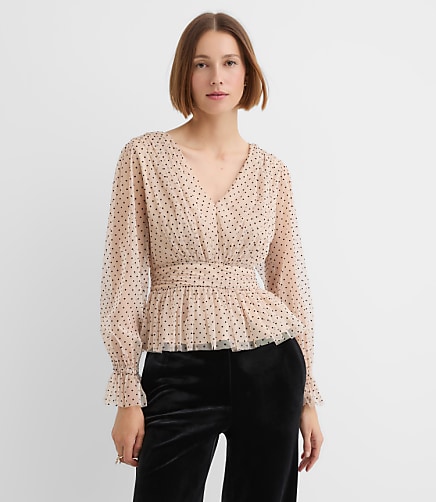 Petite Velvet Dot Tulle Tie Back Peplum Blouse