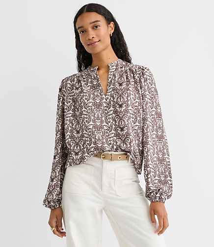 Petite Lace Garden Crinkle Knit Split Neck Blouse