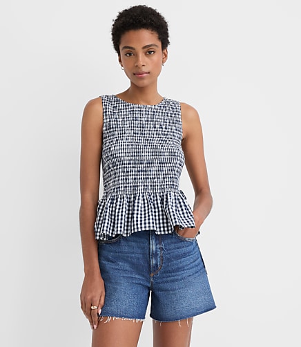 Gingham Poplin Side Tie Smocked Peplum Shell