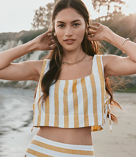 Petite LOFT Beach Striped Side Tie Linen Cotton Crop Top