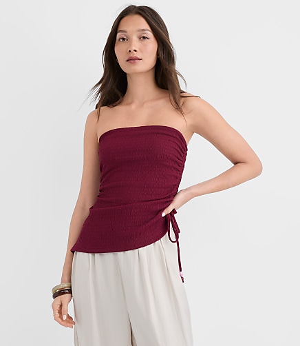 Beaded Ruched Asymmetric Strapless Top