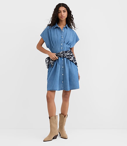 Chambray Pleated Mini Pocket Shirtdress