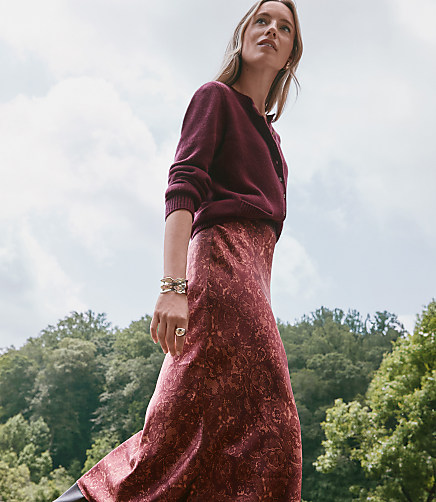 Floral Lace Print Satin Bias Maxi Skirt
