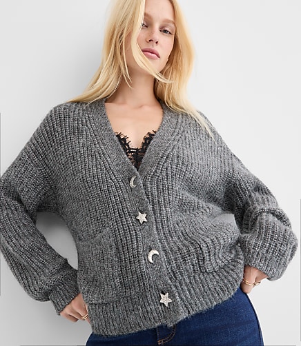 Shimmer Moon & Star Jeweled Button Cardigan - Twilight Grey