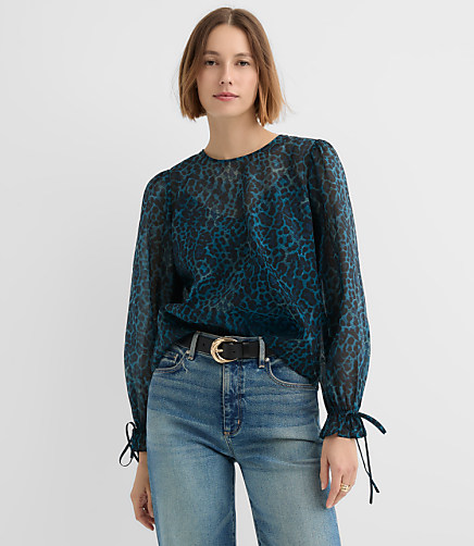 Petite Leopard Print Ruffle Tie Cuff Blouse
