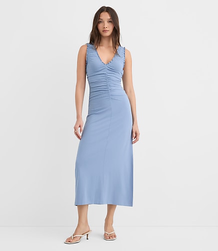 Ruffle Double V Ruched Midi Dress