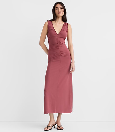 Ruffle Double V Ruched Midi Dress