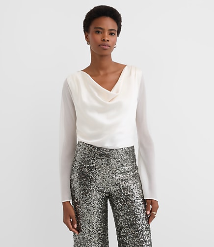 Petite Satin Chiffon Cowl Neck Top