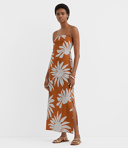 LOFT Beach Floral Side Ruched Linen Cotton Strapless Maxi Dress