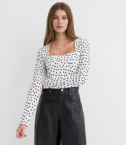Petite Dot Textured Ruched Square Neck Top