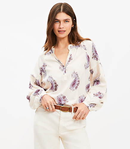 Petite Paisley Draped Sleeve Henley Blouse