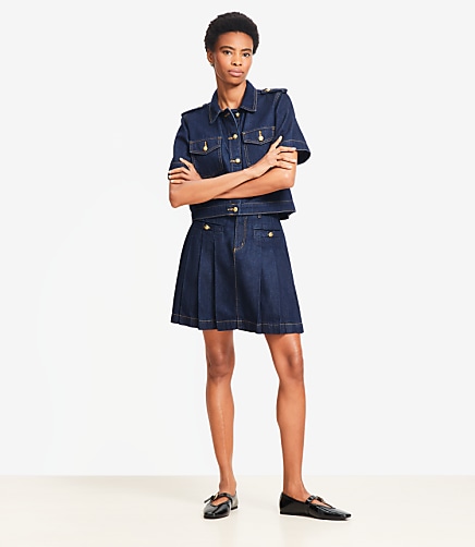 Pleated Denim Mini Skirt in Classic Rinse Wash