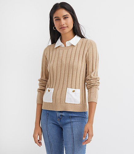Petite Ribbed Mixed Media Pocket Sweater