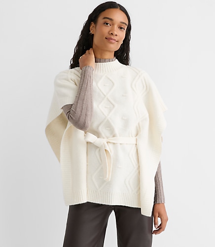 Bobble Cable Belted Poncho Sweater - Whisper White