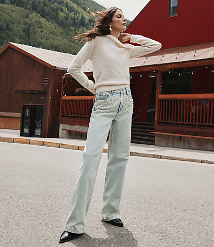 Petite Pearlized High Rise Wide Leg Jeans in Light Vintage Indigo Wash