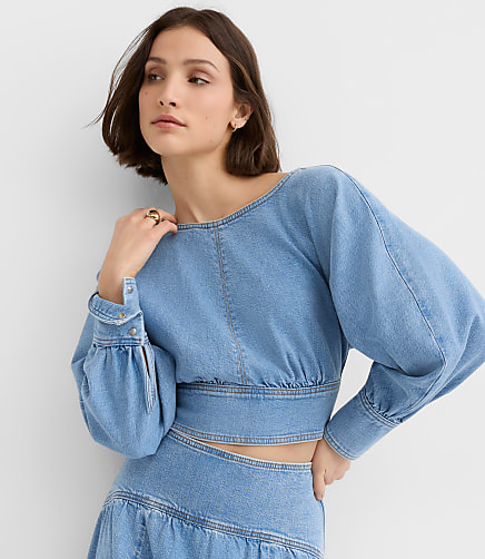 Petite Yoke Denim Blouse in Light Wash Indigo