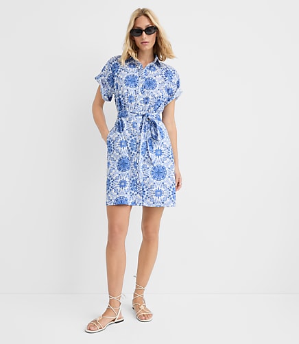 Petite Mosaic Linen Cotton Mini Pocket Shirtdress