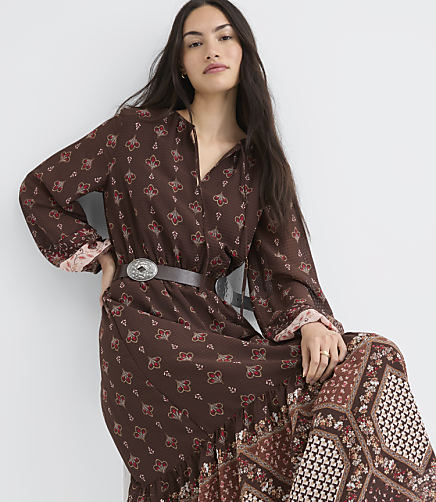 Garden Balloon Sleeve Tie Neck Maxi Pocket Dress