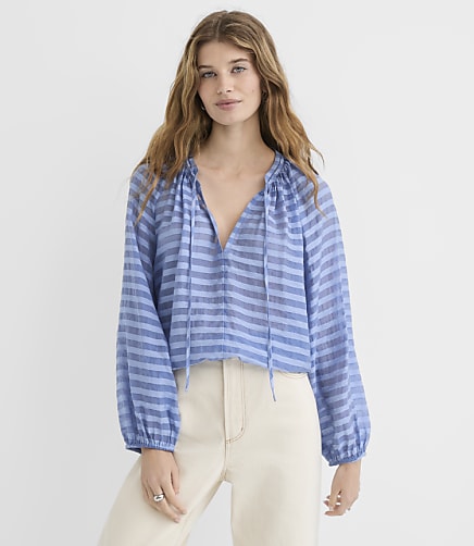 Petite Striped Tie Neck Bubble Blouse