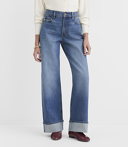 Rivete Selvedge Curvy Cuffed High Rise Wide Leg Jeans in Medium Stone Wash