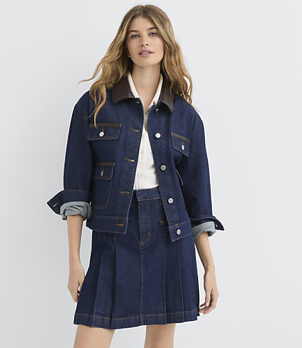 Petite Faux Leather Trim Denim Jacket in Classic Rinse Wash