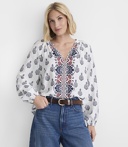 Petite Border Paisley Shirred Split Neck Blouse