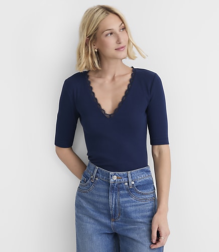 Petite Lace Trim V-Neck Perfect Ribbed Elbow Sleeve Tee