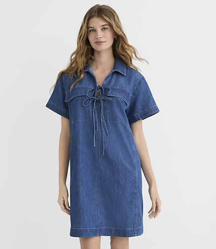 Petite Chambray Bow Mini Pocket Dress