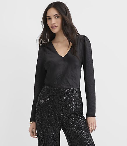 Petite Satin Puff Sleeve V-Neck Top
